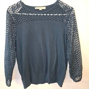 LOFT Women's Teal Lace Sleeve Sweater Pullover Top Size S Lace Crochet Sleeves